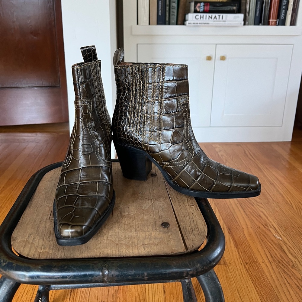 Ganni Brown Crocodile-Embossed Ankle Boots